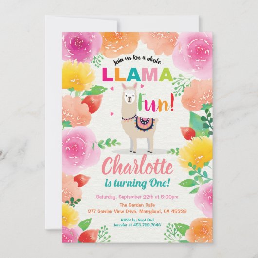 Llama pret de eerste 1e verjaardag uitnodiging. Fo Kaart (Voorkant)