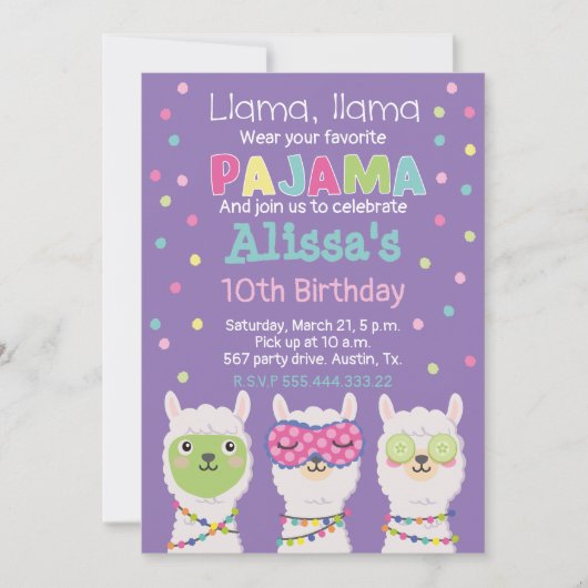 Llama pyjama feest, spa feest kaart (Voorkant)