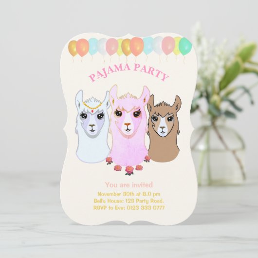 Llama Pyjama Feest Uitnodiging (Staand voorkant)