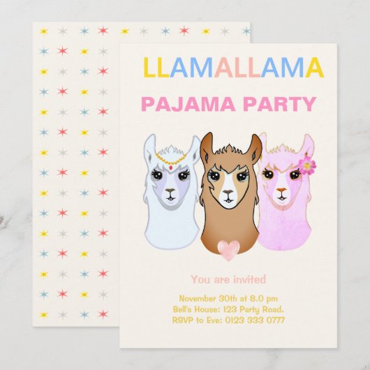 Llama Pyjama Feest Uitnodiging (Voorkant / Achterkant)