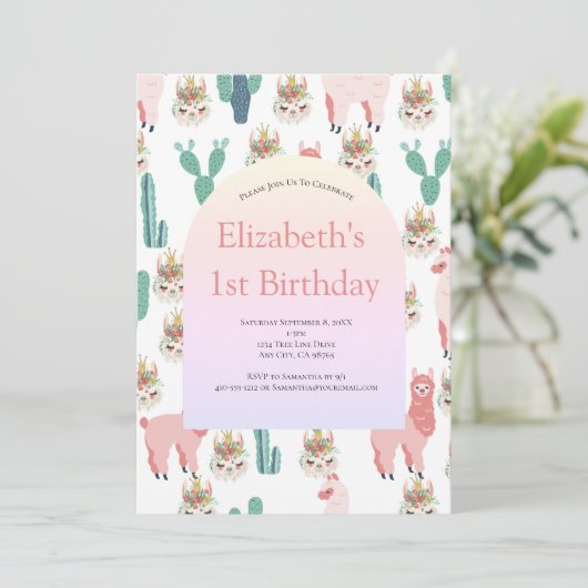 Llama Roze en Groene Cactus Schattige Meisje Verja Kaart (Staand voorkant)