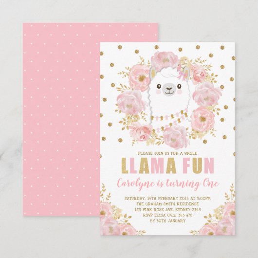  Llama / Roze Gold Floral Alpaca Birthday Kaart (Voorkant / Achterkant)