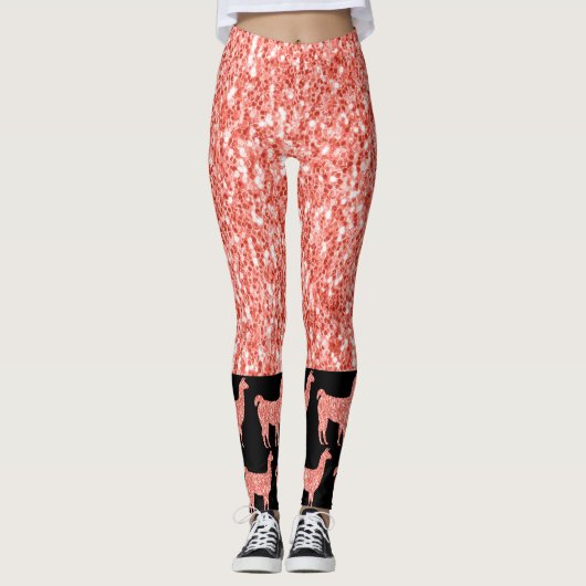 Llama roze koraalglitter Sparkles black Leggings (Voorkant)