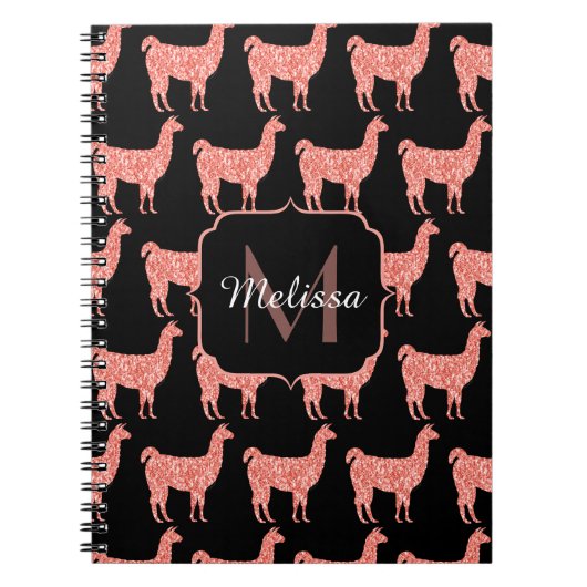 Llama roze koraalglitter Sparkles Monogram Notitieboek (Voorkant)