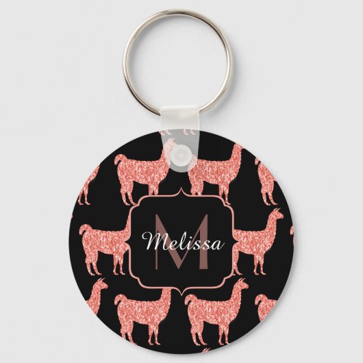 Llama roze koraalglitter Sparkles Monogram Sleutelhanger (Voorkant)