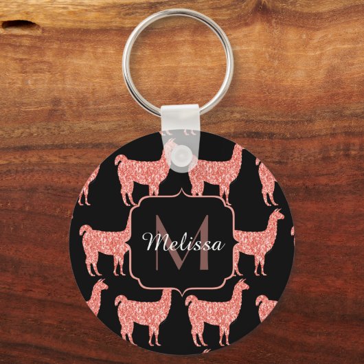 Llama roze koraalglitter Sparkles Monogram Sleutelhanger (Voorkant)