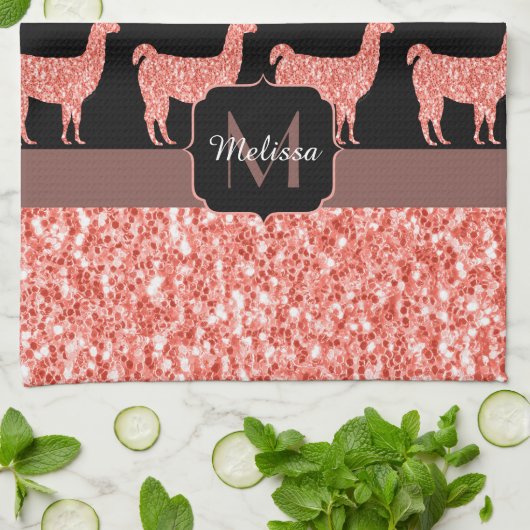 Llama roze koraalglitter Sparkles Monogram Theedoek (Gevouwen)