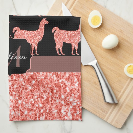Llama roze koraalglitter Sparkles Monogram Theedoek (Quarter Fold)
