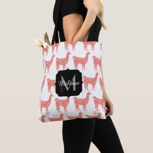 Llama roze koraalglitter Sparkles Monogram Tote Bag