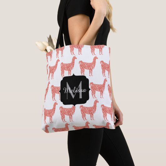 Llama roze koraalglitter Sparkles Monogram Tote Bag (Dichtbij)