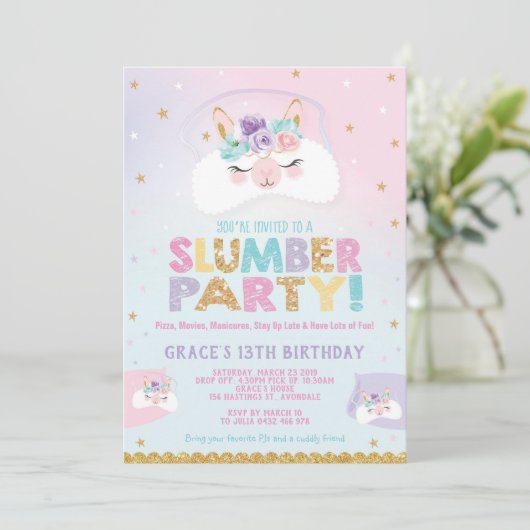 Llama Slumber Party Birthday Invitation Sleepover Kaart (Staand voorkant)