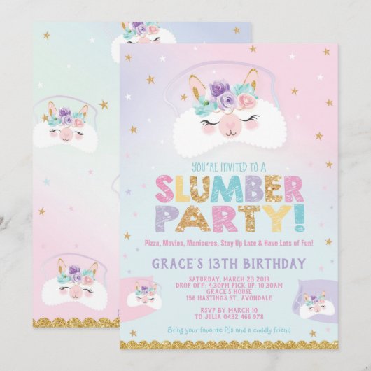 Llama Slumber Party Birthday Invitation Sleepover Kaart (Voorkant / Achterkant)