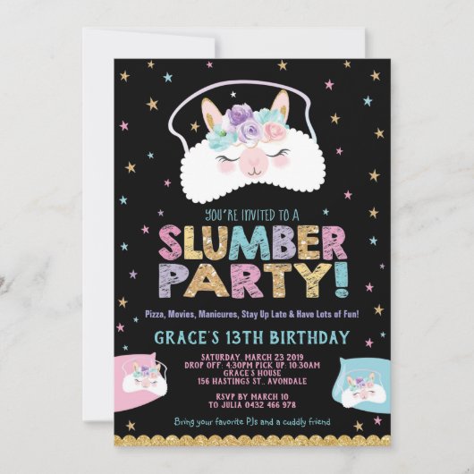 Llama Slumber Party Birthday Invitation Sleepover Kaart (Voorkant)