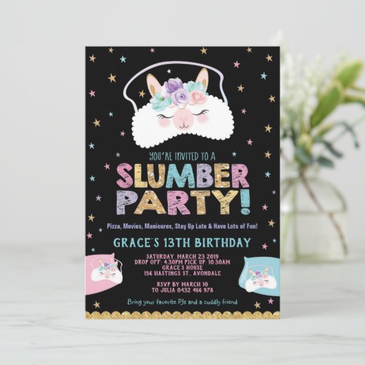 Llama Slumber Party Birthday Invitation Sleepover Kaart (Staand voorkant)