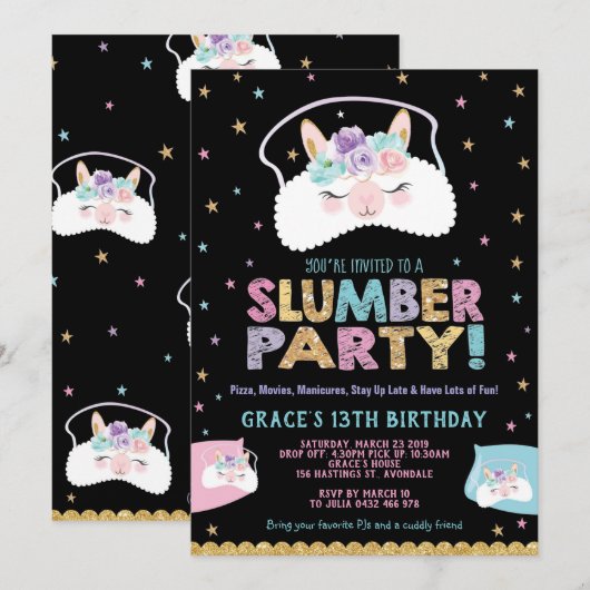 Llama Slumber Party Birthday Invitation Sleepover Kaart (Voorkant / Achterkant)