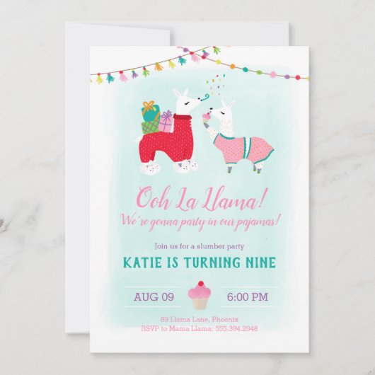 Llama Slumber Party Birthday Kaart (Voorkant)