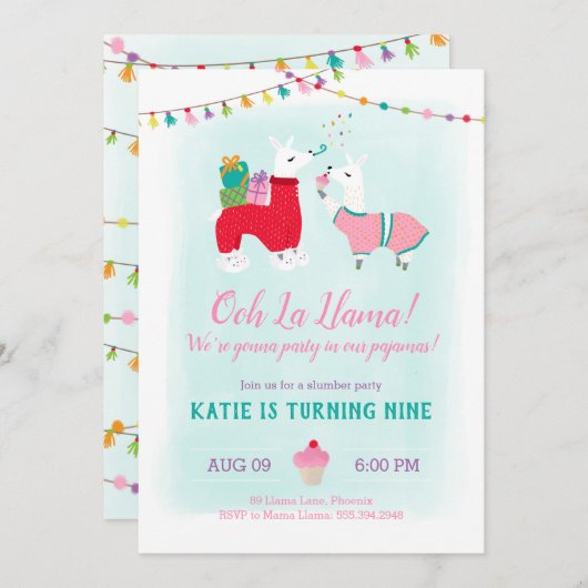 Llama Slumber Party Birthday Kaart (Voorkant / Achterkant)
