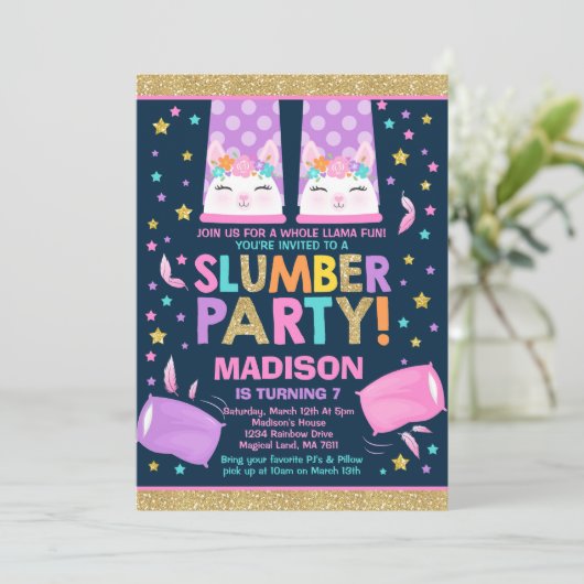 Llama Slumber Party Llama Birthday Uitnodiging (Staand voorkant)