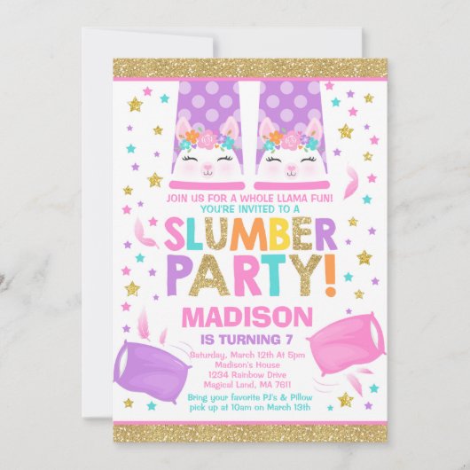 Llama Slumber Party Llama Verjaardag Uitnodiging (Voorkant)