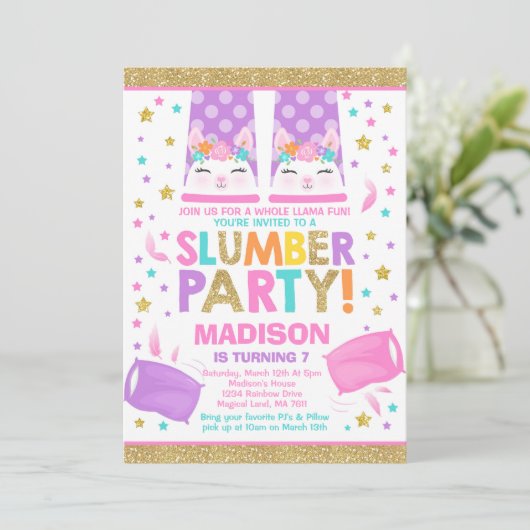 Llama Slumber Party Llama Verjaardag Uitnodiging (Staand voorkant)
