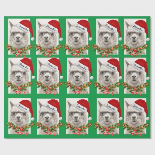 Llama Smiles Santa Hat Custom Name Kerstmis Cadeaupapier (Vlak)
