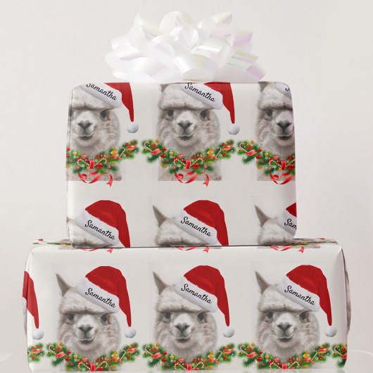 Llama Smiles Santa Hat Custom Name Kerstmis Cadeaupapier