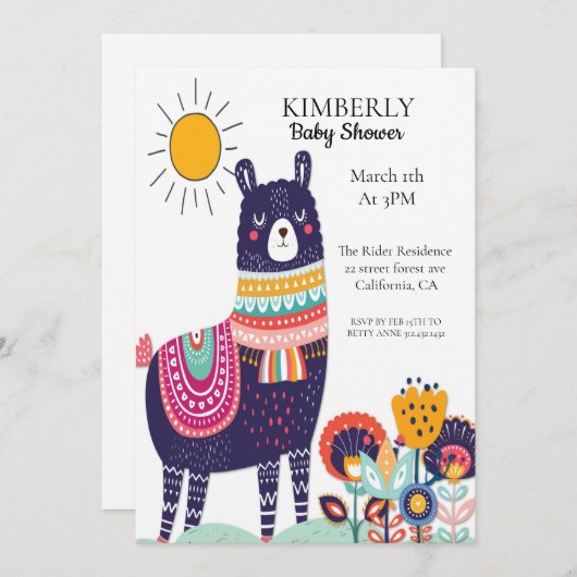 Llama Spring Flower Baby shower Invitation Kaart (Voorkant / Achterkant)