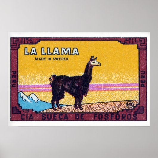 Llama Staand Peru 1920-30 Matchbox Label Poster (Voorkant)