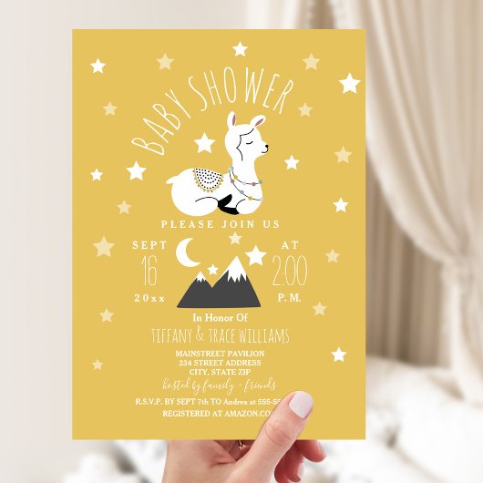 Llama Stars Neutral Yellow Baby shower Kaart