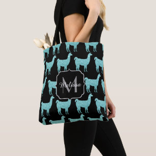 Llama Turquoise glitterspikkels Monogram patroon Tote Bag