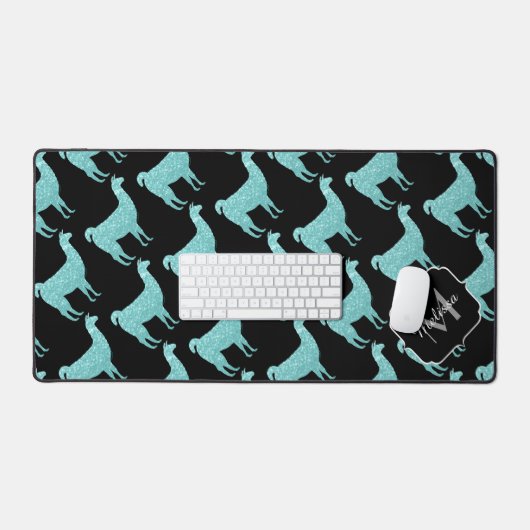 Llama turquoise Sparkles patroon Monogram Bureaumat (Keyboard & Muis)