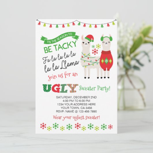 Llama Ugly Sweater Party Invite Kaart (Staand voorkant)