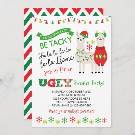 Llama Ugly Sweater Party Invite Kaart (Voorkant / Achterkant)
