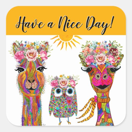Llama, uil en Giraffe Dier Vierkante Sticker (Voorkant)