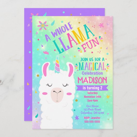 Llama Unicorn Birthday Invitation Magical Party Kaart (Voorkant / Achterkant)