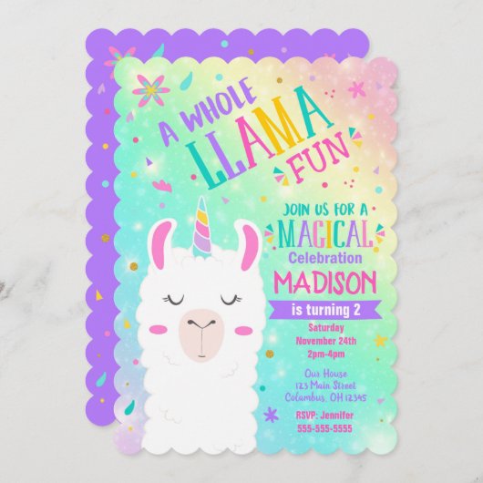 Llama Unicorn Birthday Invitation Magical Party Kaart (Voorkant / Achterkant)