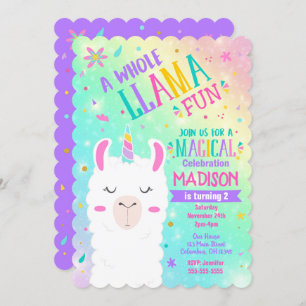 Llama Unicorn Birthday Invitation Magical Party Kaart