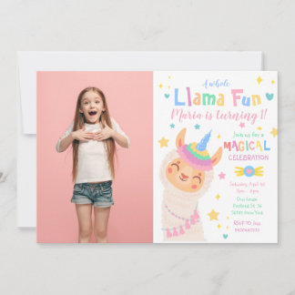 Llama Unicorn Magical Photo Birthday Invitation Kaart