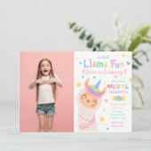 Llama Unicorn Magical Photo Birthday Invitation Kaart (Staand voorkant)