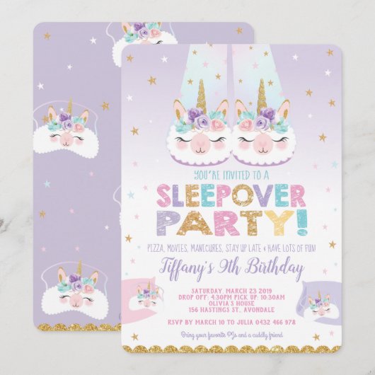 Llama Unicorn Sleepover Birthday Party Slumber Kaart (Voorkant / Achterkant)