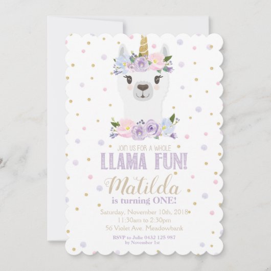 Llama Unicorn Verjaardagsuitnodiging Paarse Bloeme Kaart (Voorkant)