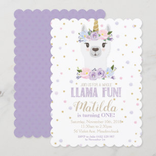 Llama Unicorn Verjaardagsuitnodiging Paarse Bloeme Kaart