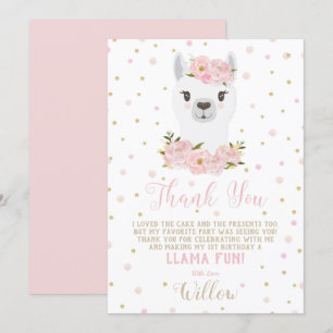 Llama Verjaardag Bedankkaart Roze Bloemen Meisje Kaart