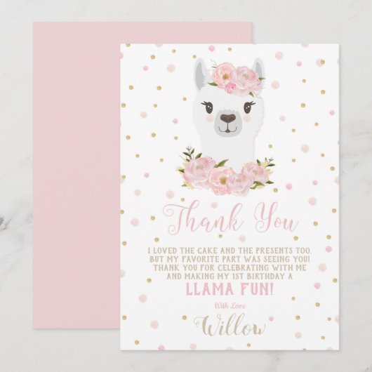 Llama Verjaardag Dank u kaart Blush Floral Meisje (Voorkant / Achterkant)