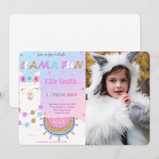 Llama Verjaardag Foto uitnodiging (Voorkant / Achterkant)