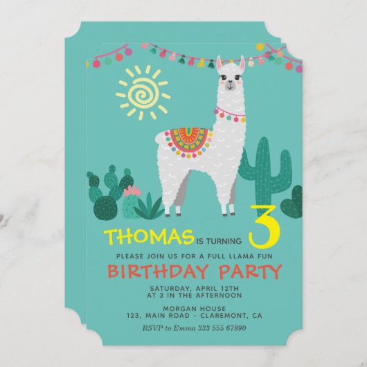 Llama verjaardag jongen uitnodiging (Voorkant / Achterkant)