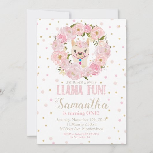 Llama Verjaardag Uitnodiging Blush Bloemen Meisje (Voorkant)