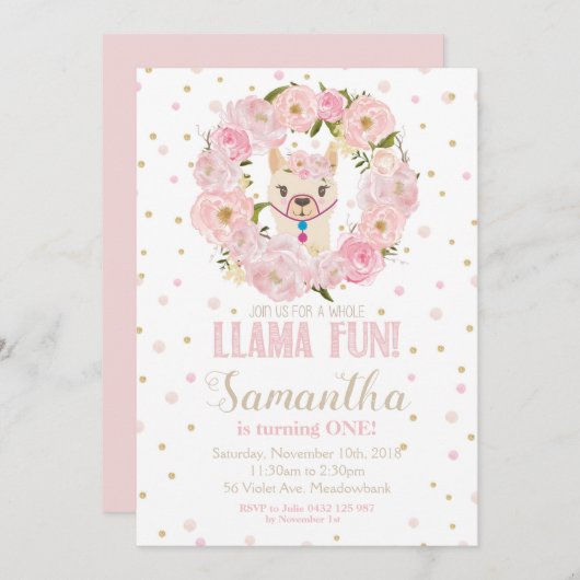 Llama Verjaardag Uitnodiging Blush Bloemen Meisje (Voorkant / Achterkant)