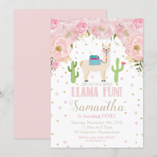 Llama Verjaardag Uitnodiging Blush Bloemen Meisje