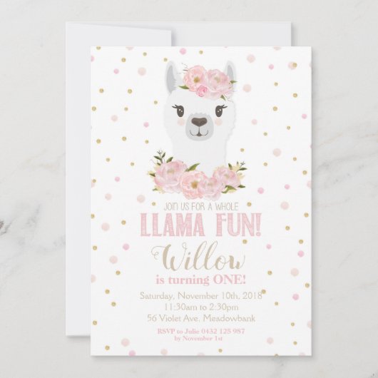 Llama Verjaardag Uitnodiging Blush Bloemen Meisje (Voorkant)